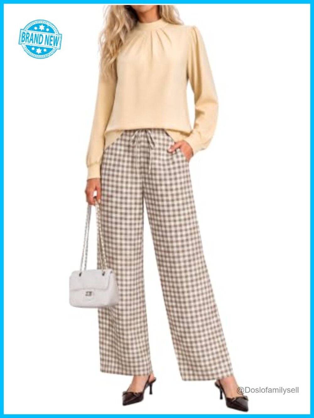 Women's 2 Piece Mock Neck Blouse Wide Leg Pants Set Casual Outfit